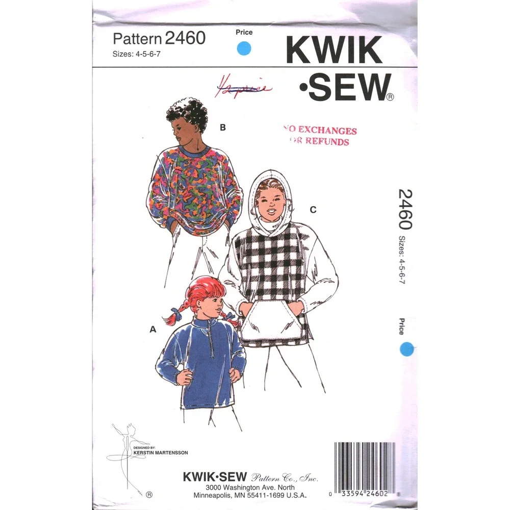 Kwik Sew 2460 Kids Pullover Hoodie Fleece Top Sewing Pattern Size 4 5 6 7 UNCUT